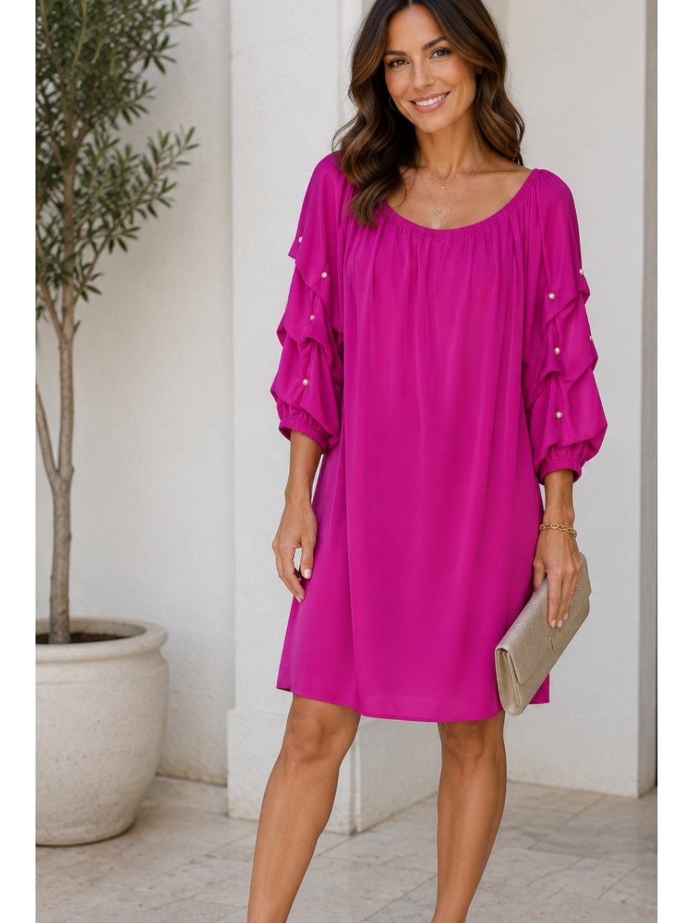 IVY ROAD Pink Fuschia Puffy Pearl Sleeve Dress M NWOT